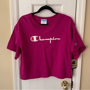 NWT Champion Magenta Cropped Short Sleeve Script Logo Print Tee